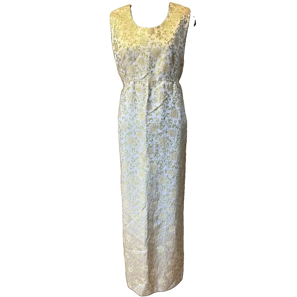 Vintage 60s Brocade Maxi Dress S Green Gold Metallic Floral Formal Empire Waist